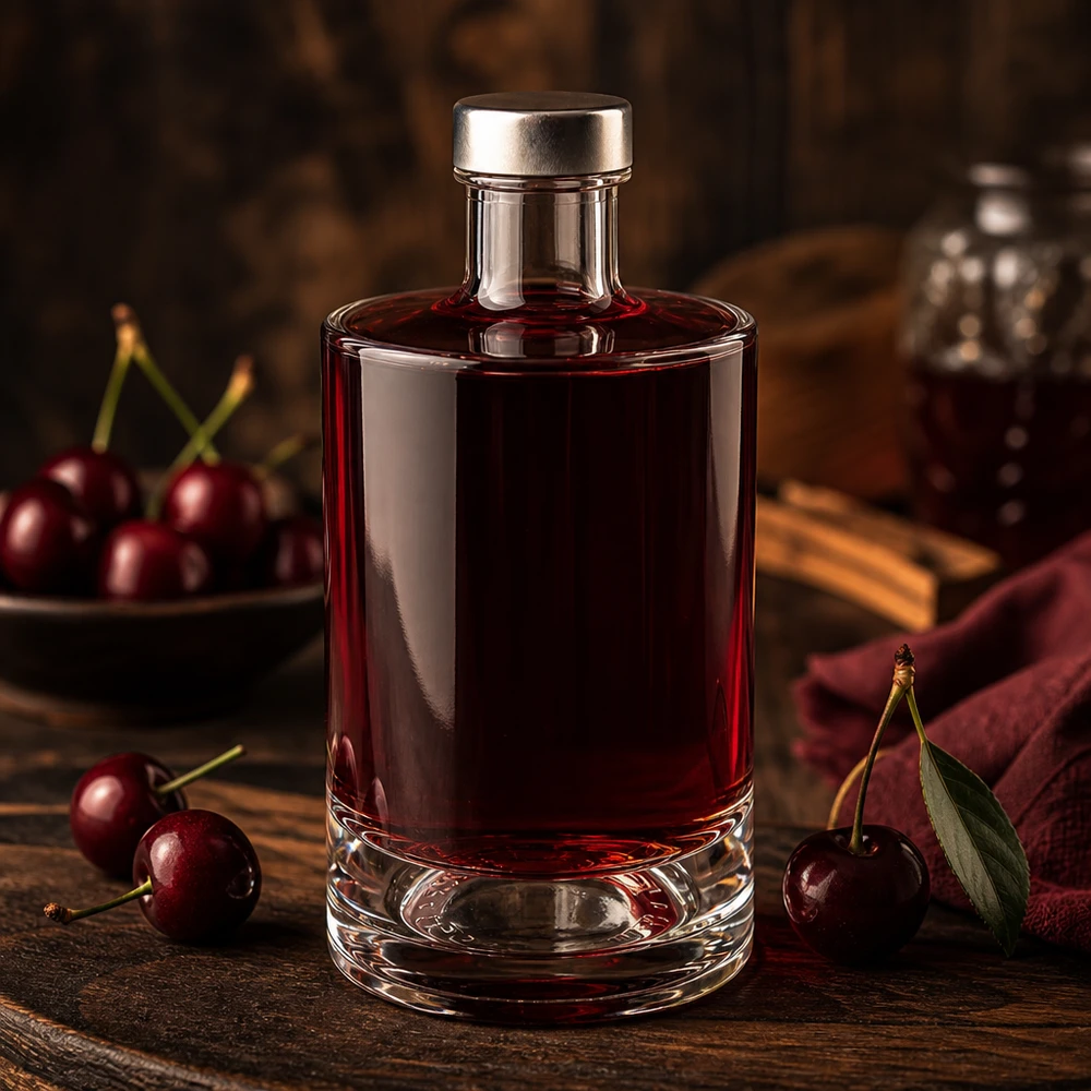 375 ml glazen fles Sam en schroefdop zilver UNiTWIST® 375ml Sam glazen fles met kersenrode vulling en zilveren dop tussen verse kersen op een houten tafel