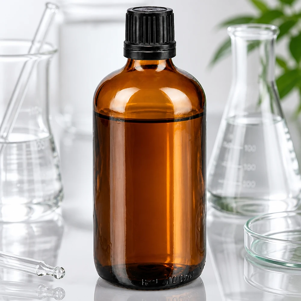 Druppelfles van bruin glas met 100 ml UV-bescherming en een inzetstuk van 1 mm voor etherische oliën en reagentia