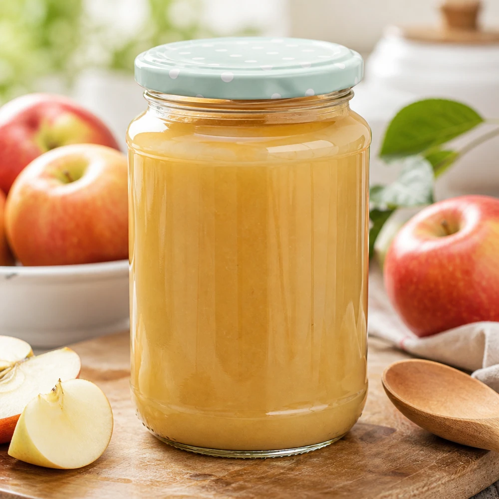 Zelfgemaakte appelmoes, veilig bewaard in een luchtdicht UNiTWIST-glas van 320 ml met een deksel met stippen