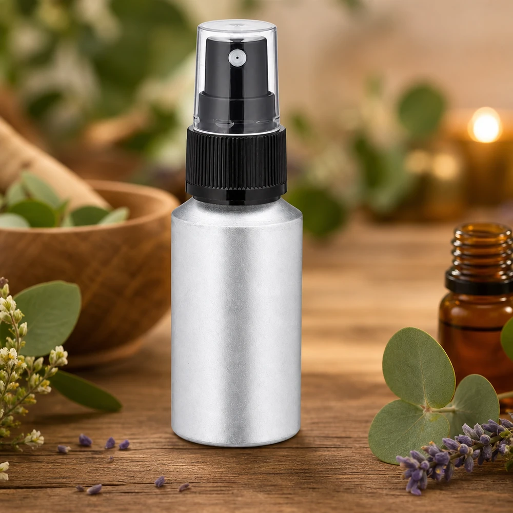 30 ml aluminium fles gebeitst incl. pompverstuiver zwart Corrosiebestendig aluminium flesje van 30 ml met spuitpompje voor zelfgemaakte wellnesssprays