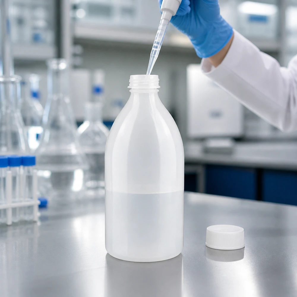 Nauwe hals laboratoriumfles 500ml met schroefsluiting Laborant befüllt 500ml Enghals Schraubflasche mit Messpipette und Schutzhandschuhen