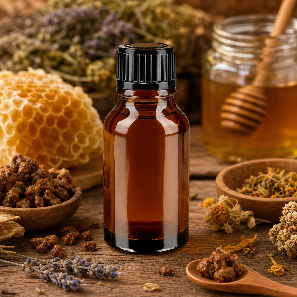 Bruine glazen fles 15ml met zwart schroefsluiting Apothekersflesje van bruin glas van 15 ml met zwarte dop, gevuld met natuurlijke bijenproducten en kruiden