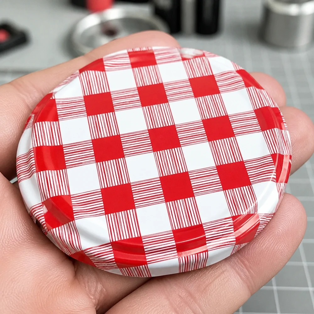 Hoogwaardig blikdeksel van 82 mm met rood gingham-patroon voor TO82-schroefpotten