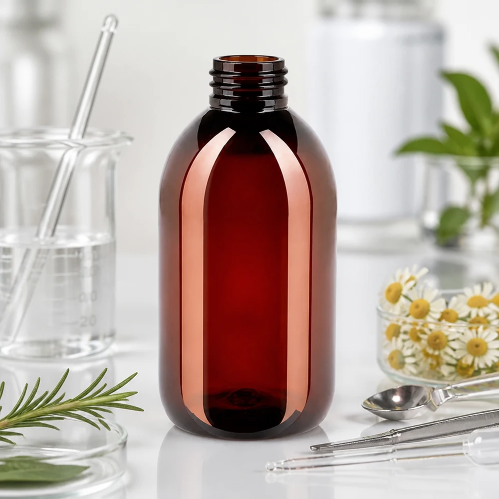 PET fles 250ml met ontgassingsdop rood Bruine plastic fles van 250 ml met smalle schroefhals en rode ontluchtingsdop voor oliën