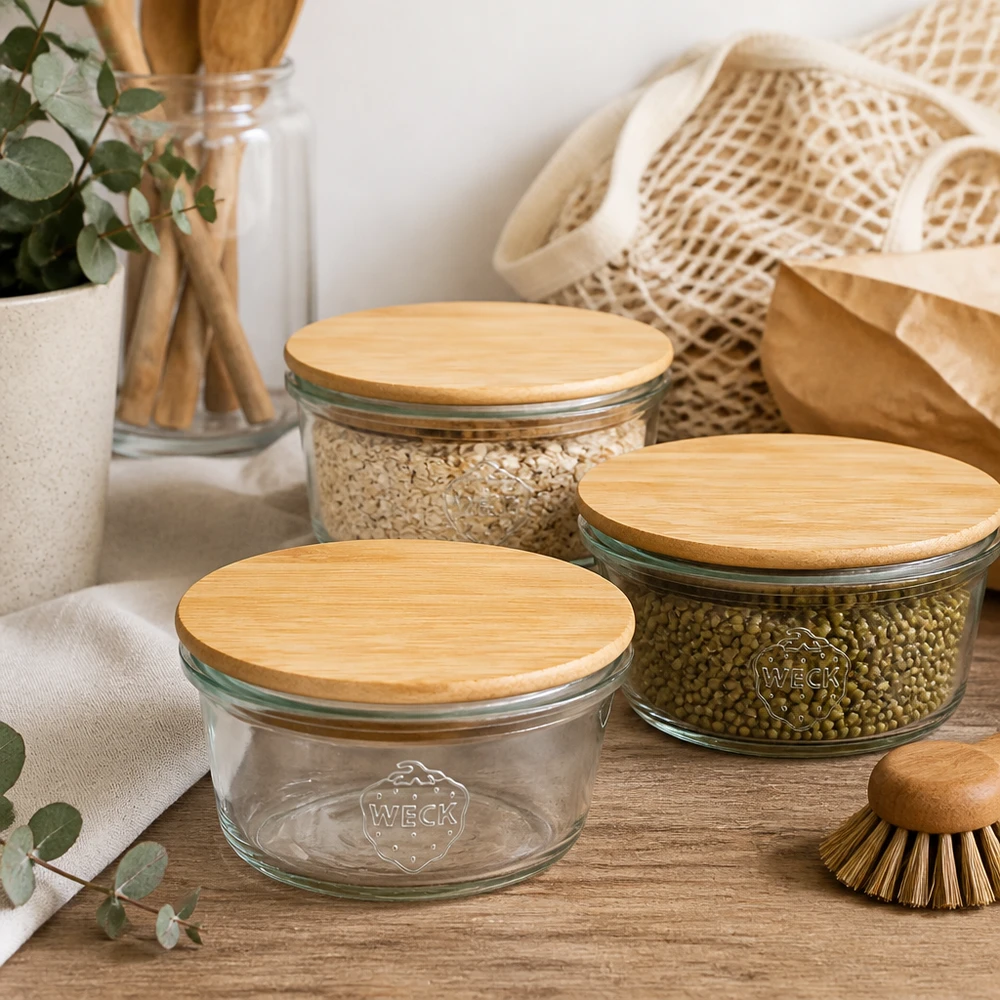 WECK-mini stortglas 50ml met hout deksel WECK Mini Sturzglas 50ml mit Bambusdeckel in nachhaltiger Zero-Waste Küche mit Mesh-Beutel und Holzutensilien