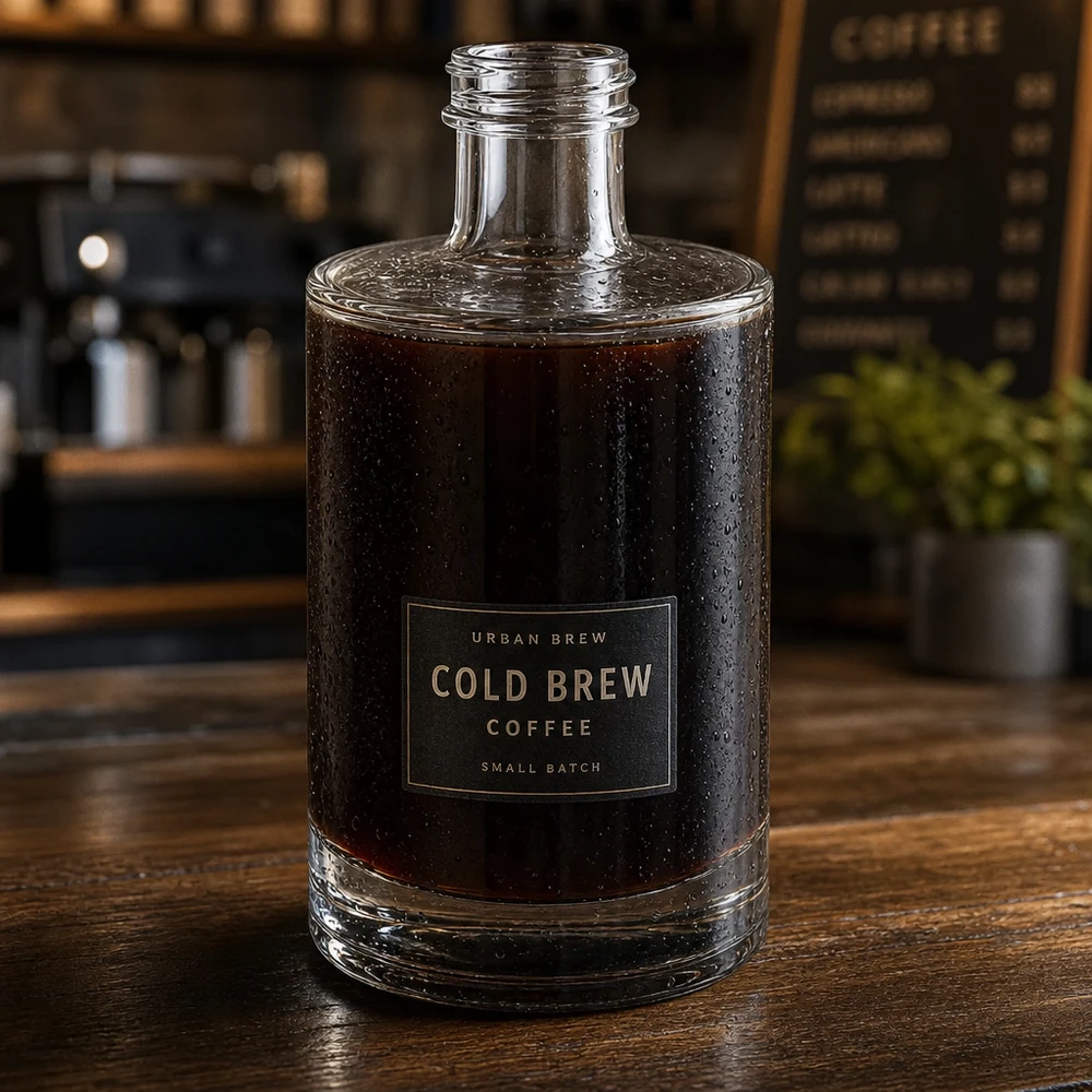 375 ml glazen fles Sam gevuld met cold brew koffie gepresenteerd in een stijlvolle koffiebar sfeer