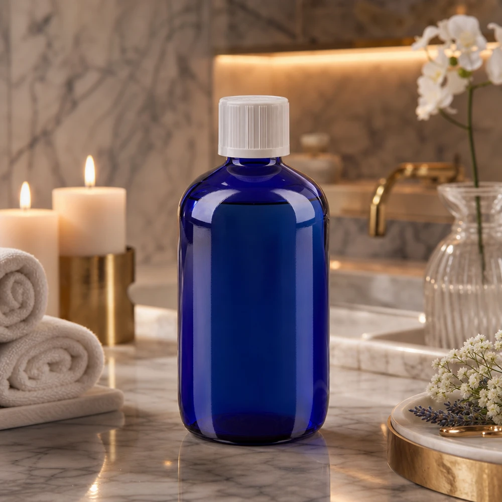 Blauwe glazen fles met een druppelaar van 1,2 mm en een witte schroefdop voor etherische oliën, 100 ml