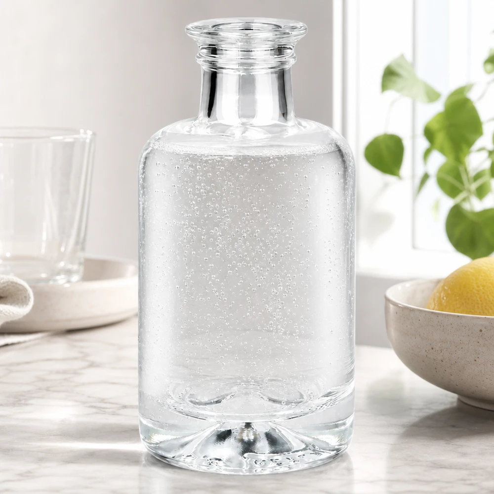 100ml Sofia glazen fles gevuld met bruisend water op wit keukenblad naast citroenen en plant