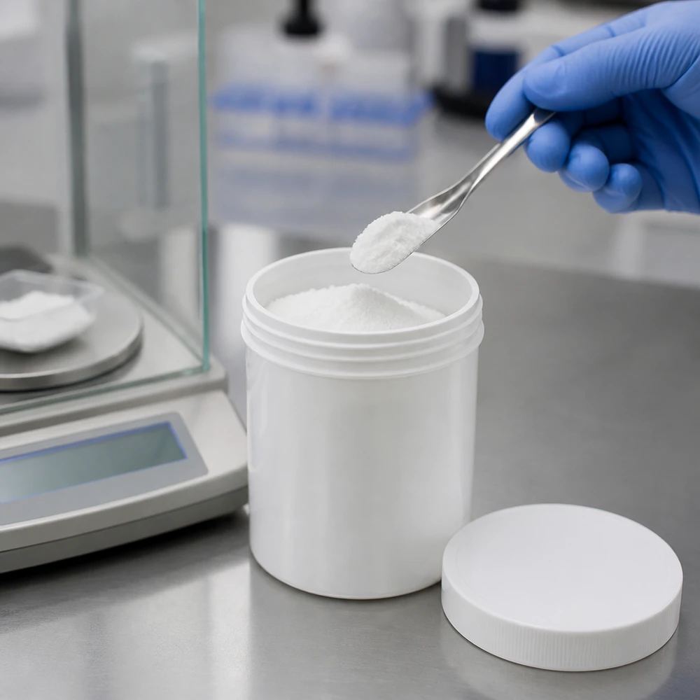Zalfpot 500 g wit met schroefdeksel wit (PP) Geopende witte kruik van 500 g naast een analyseweegschaal bij het professioneel afwegen van poedervormige stoffen