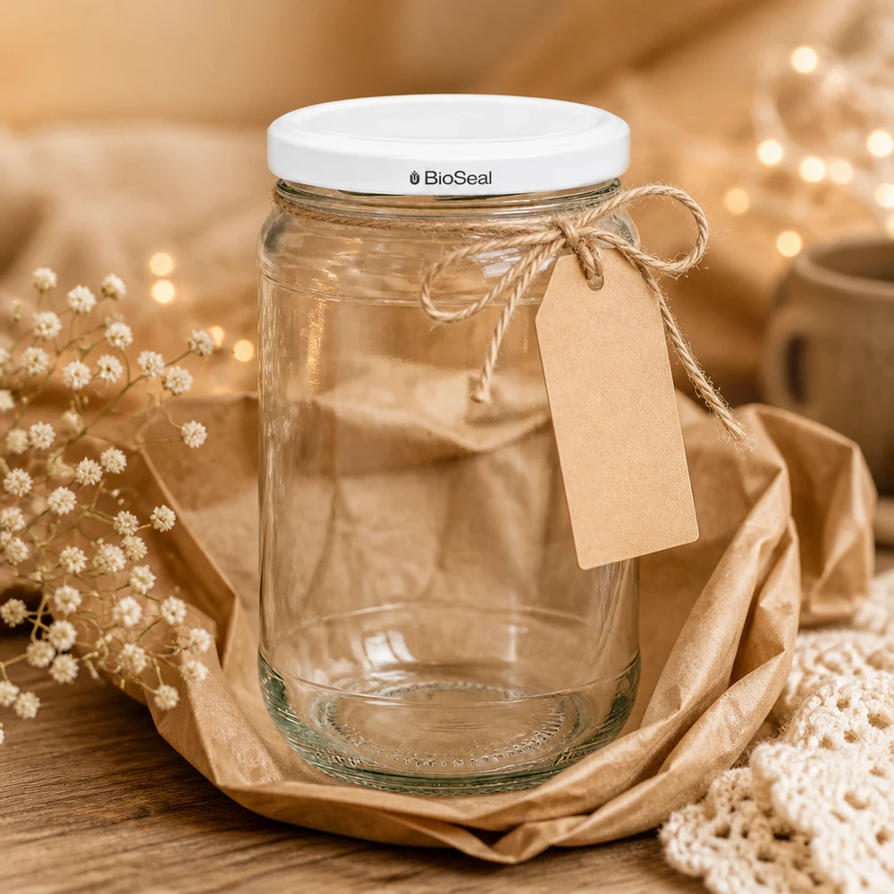 305ml rond glas met BioSeal deksel wit UNiTWIST UNiTWIST Runda305 glazen pot met TO63 BioSeal deksel in een warme sfeer met cadeaulabel en bloemdecoratie