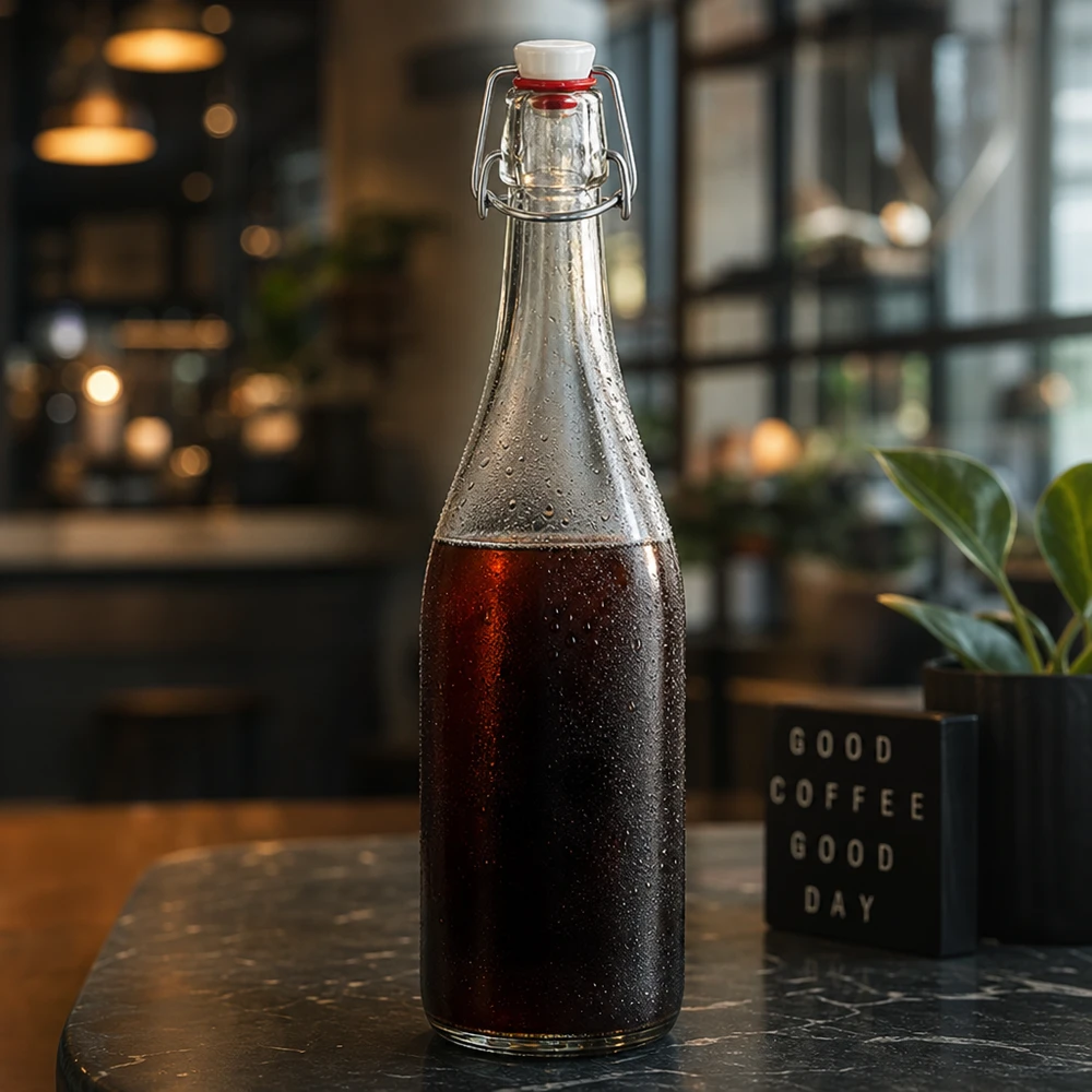750ml glazen fles met draaidop gevuld met cola Café sfeer cold brew koffie sfeerverlichting stijlvol
