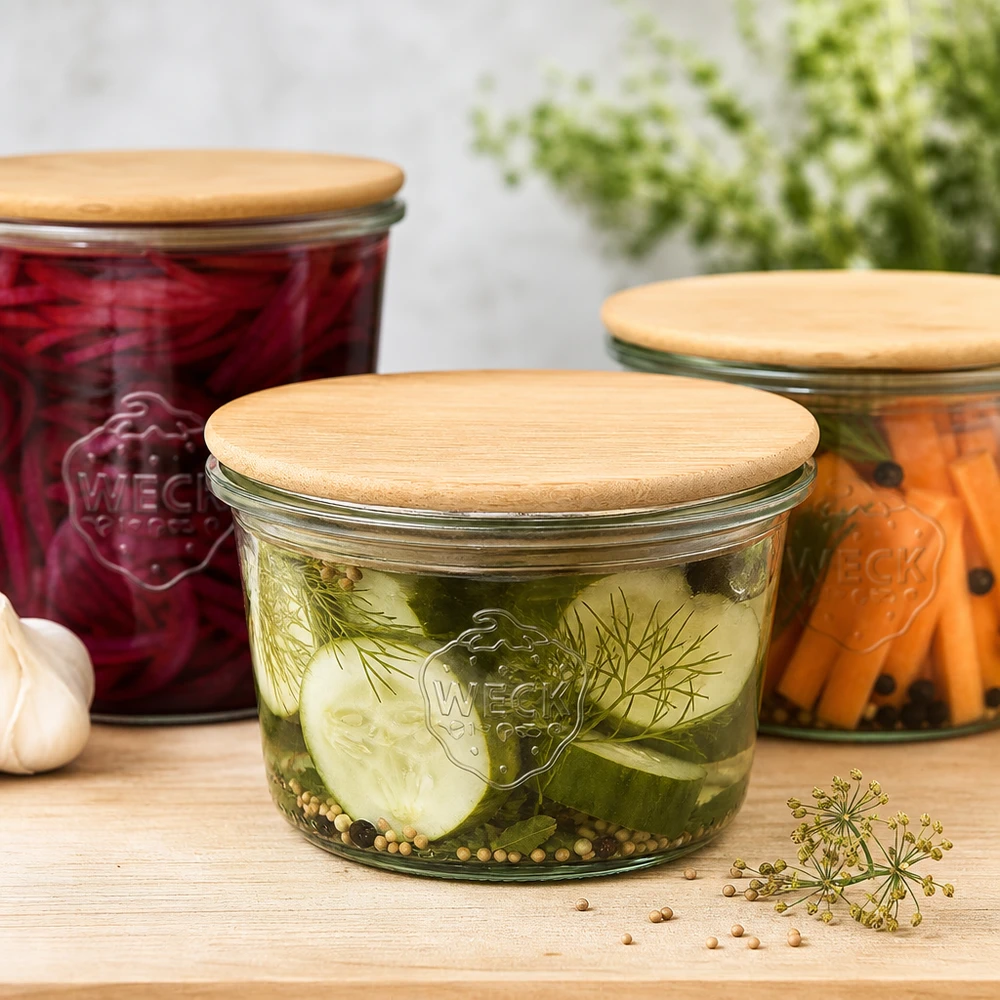 WECK-mini stortglas 80ml met hout deksel WECK 80ml RR60 houten deksel ingemaakte komkommers fermenteren groenten conserveren keukengerei