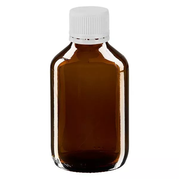150ml Euro-medicijnfles bruin met witte schroefsluiting VR 150ml Euro-medicijnfles bruin met witte schroefsluiting VR