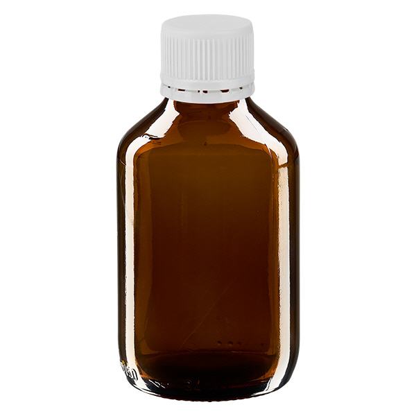150ml Euro-medicijnfles bruin met witte schroefsluiting VR 150ml Euro-medicijnfles bruin met witte schroefsluiting VR