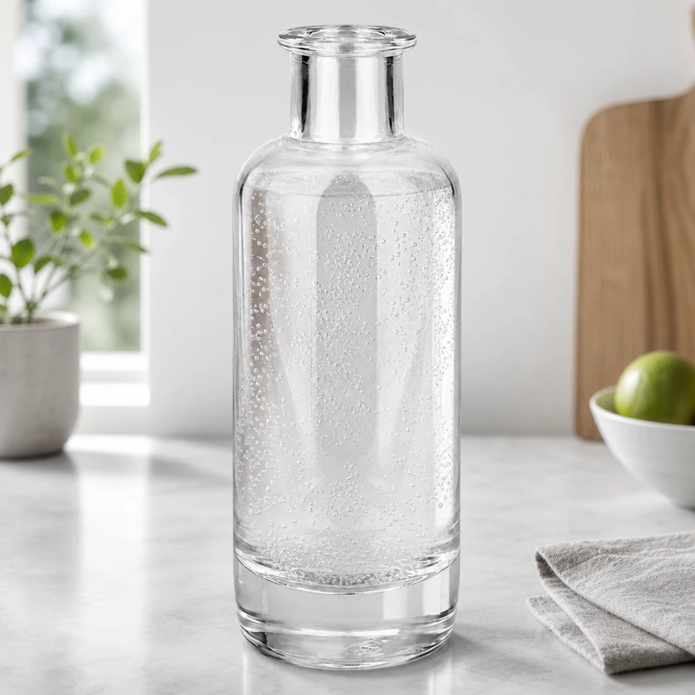 200ml glazen fles Ella gevuld met bruisend mineraalwater in moderne keuken toont gebruik voor drankjes