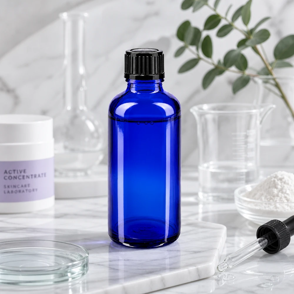 Kobaltblauwe apothekersfles van 50 ml met zwarte dop, tussen laboratoriumbenodigdheden en eucalyptus