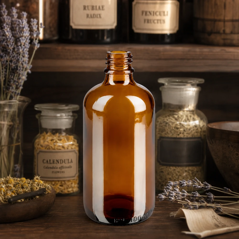 100ml bruine ApoGlas apothekersfles met calendulakruiden en lavendel in een rustieke apothekerssfeer