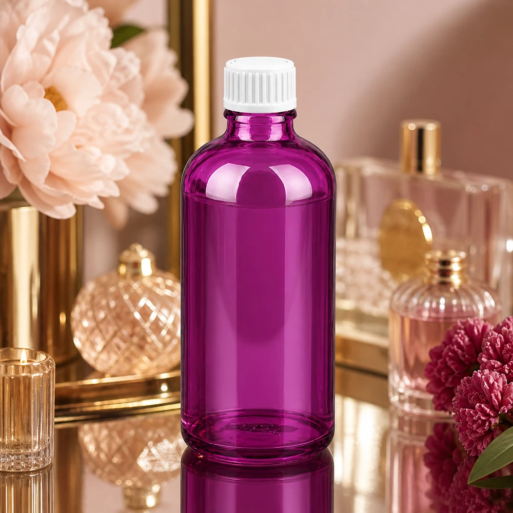 Compacte glazen fles van 100 ml in paars, ideaal voor reisformaten en mobiele toepassingen