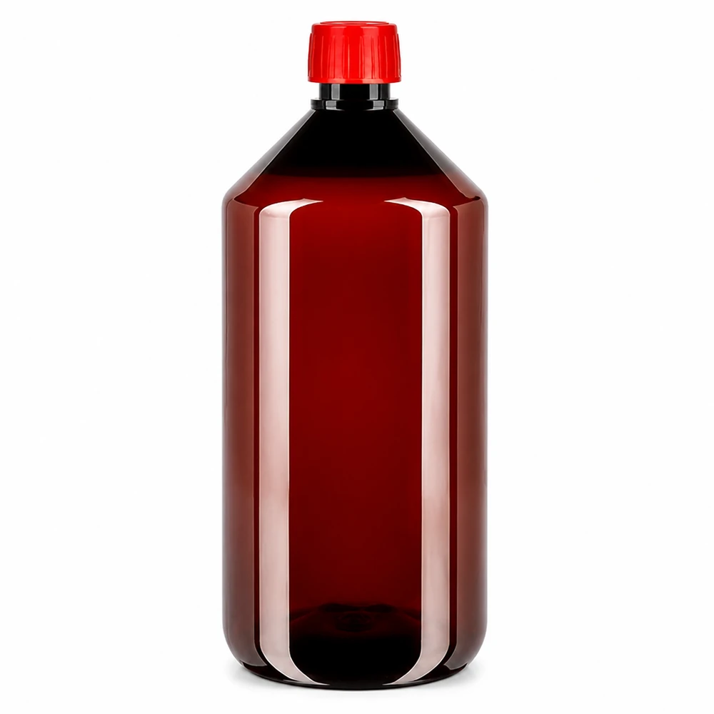 Cilindrische bruine PET-fles van 750 ml met een rode ontgassingsdop van kunststof