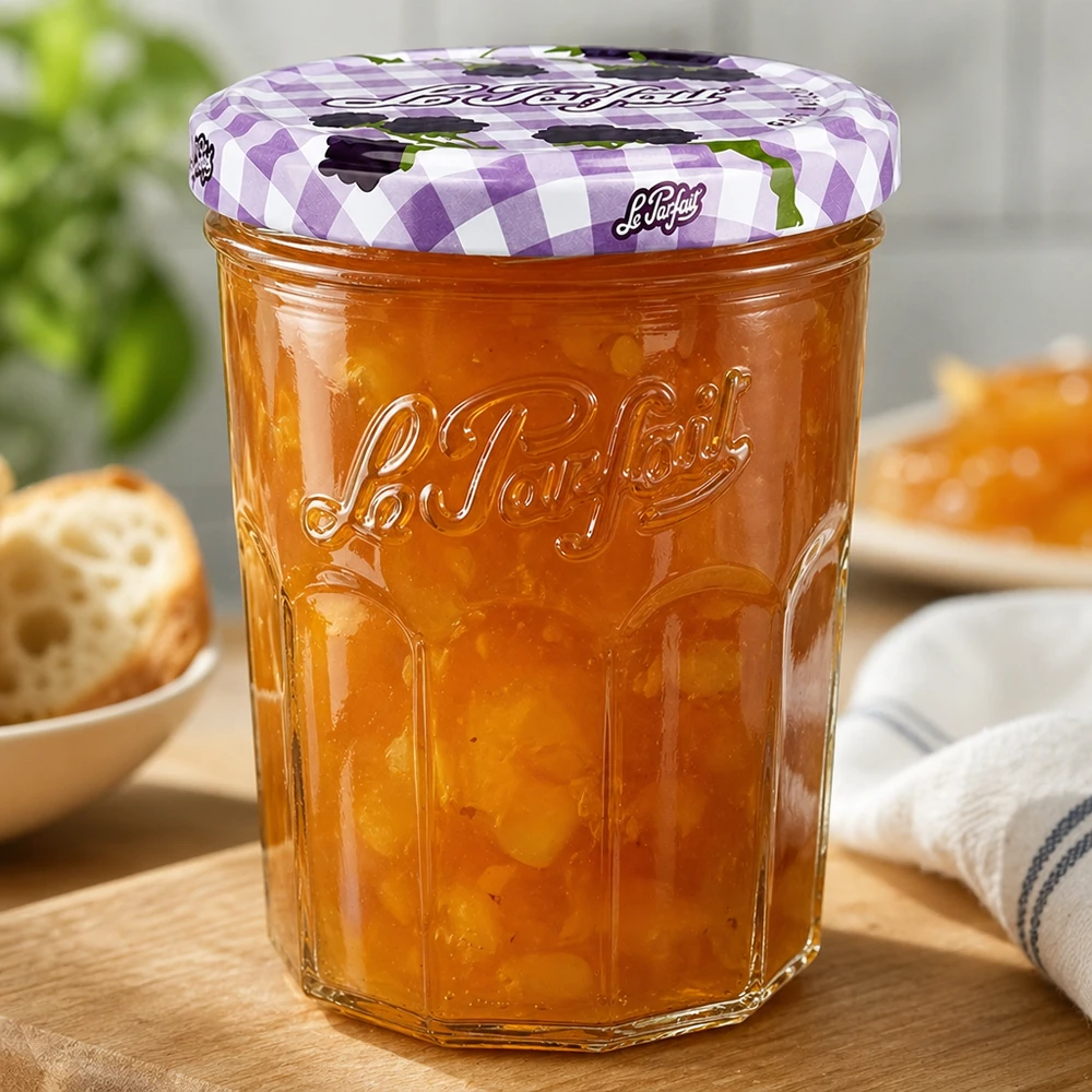 Le Parfait bekers 385ml gevuld met sinaasappelmarmelade op houten tafel naast brood en ontbijtschaal