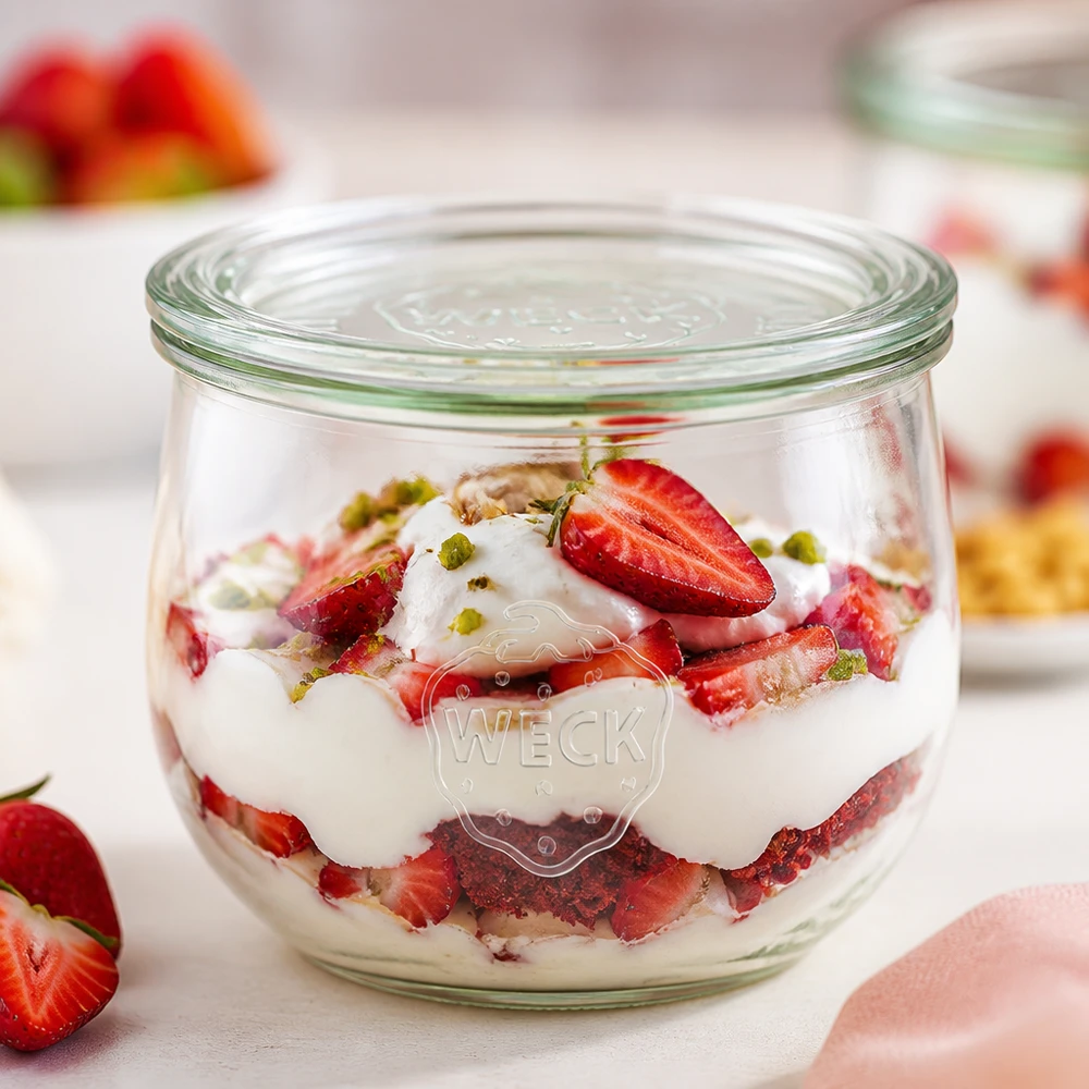 WECK tulpenpot 580ml RR100 gevuld met aardbeienyoghurt dessert als dessertvariant met pistachenoten op een wit vlak