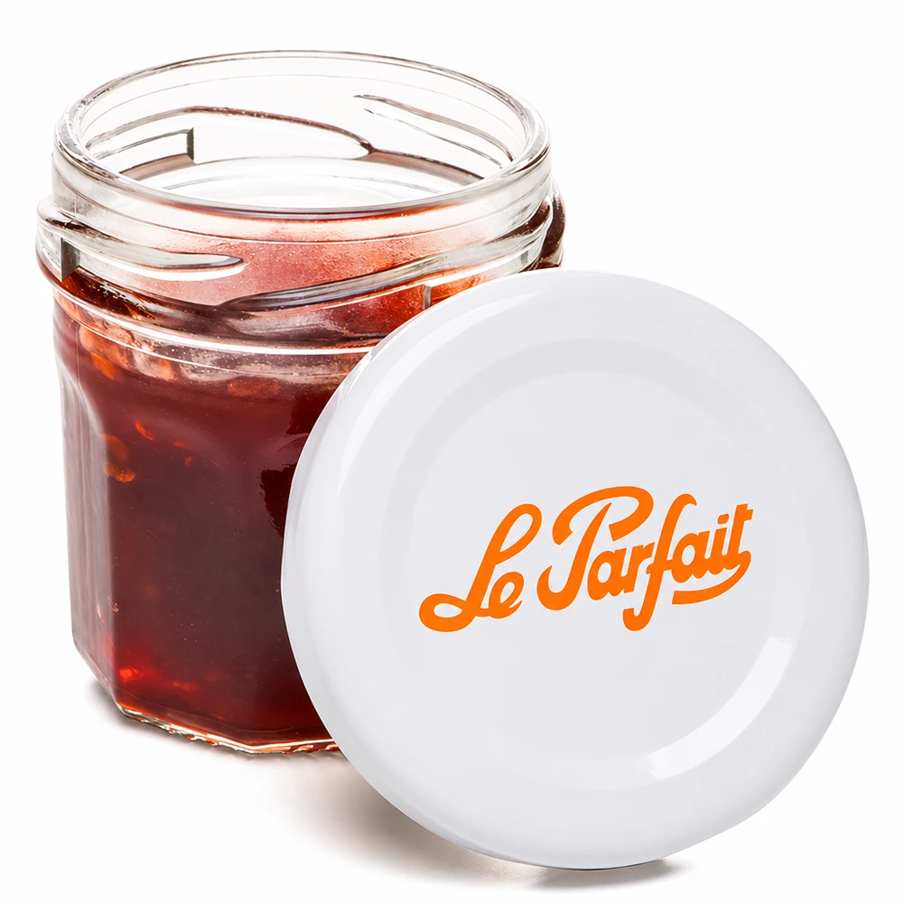 Le Parfait minipotje 44ml geopend gevuld met rode jam en oranje logo op wit deksel