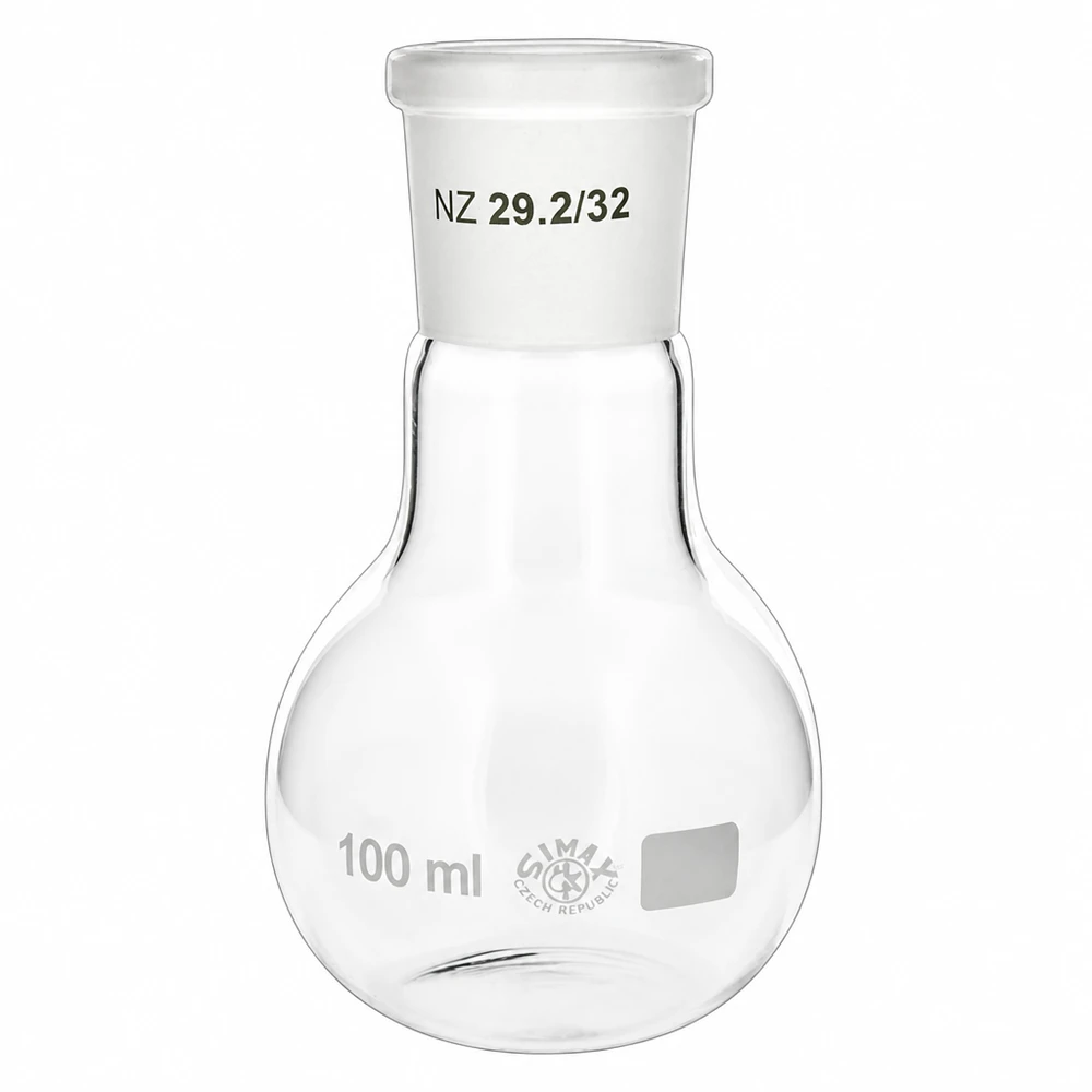 Compacte 100ml rondbodemkolf met standaard slijpstuk 29/32 ideaal voor kleine reactiebatches
