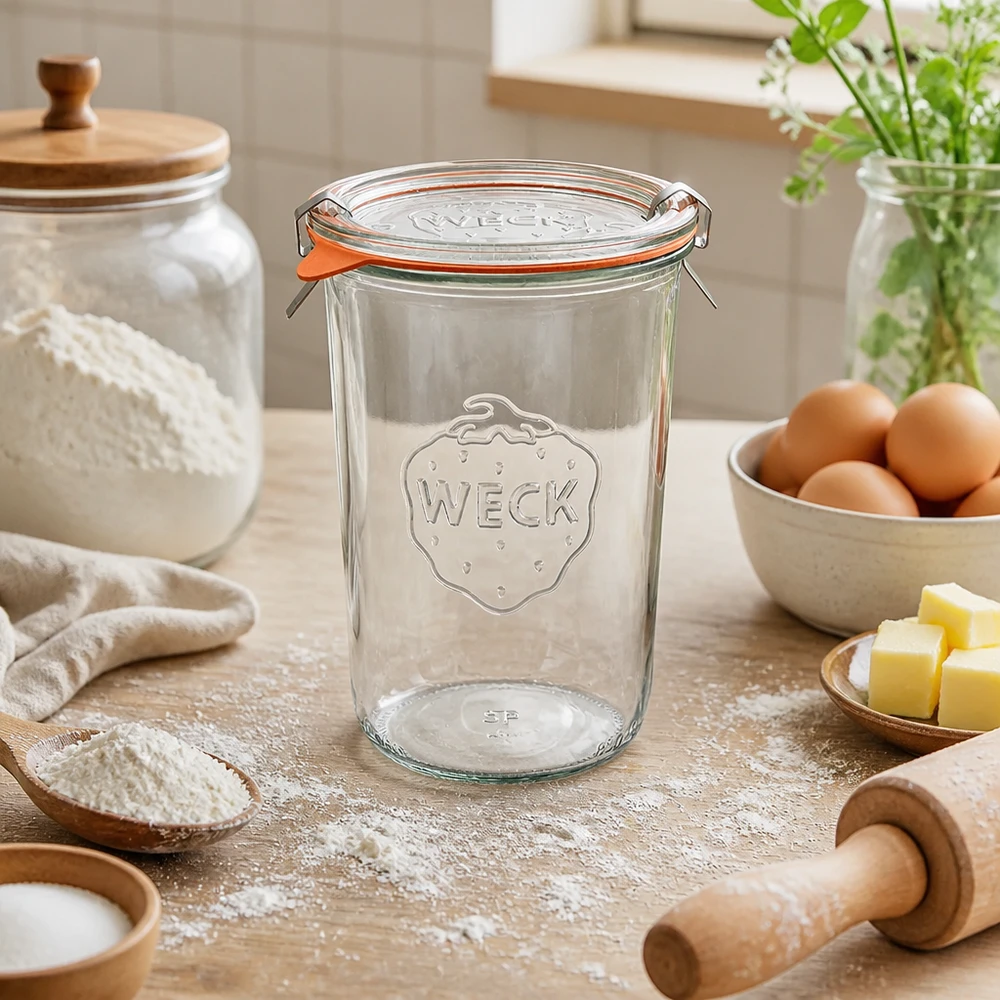 WECK bekers 850ml RR100 in natuurlijke keukenomgeving met bakingrediënten eieren boter en bloem om in te koken