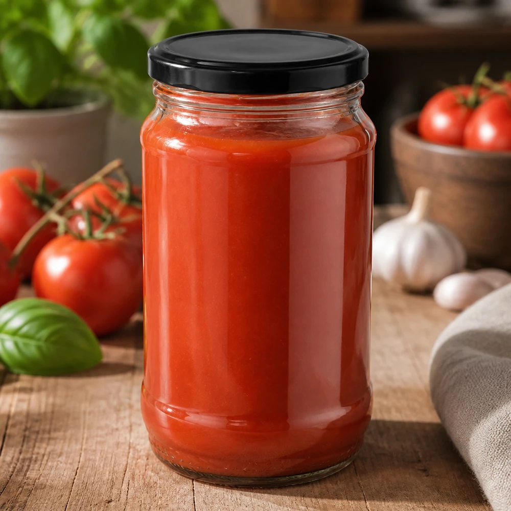 Rond glas van 370 ml + BasicSeal zwart UNiTWIST 370 ml UNiTWIST rond glas BasicSeal zwart, ideaal voor het inmaken van tomatensaus en passata
