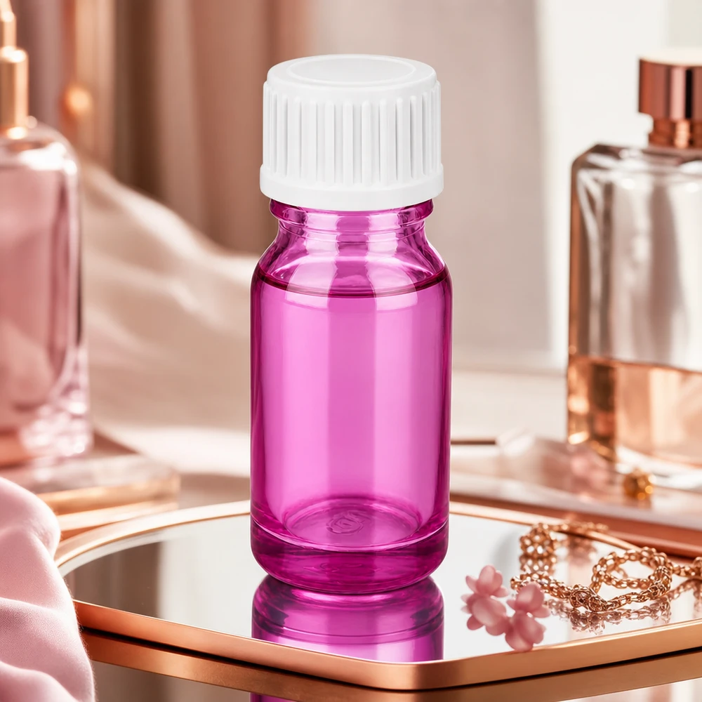 10ml (bol)fles. 3mm schenkring wit standaard PurpleLine. UT18/10 Handig 10ml violet glazen flesje met ergonomisch ontwerp voor eenvoudig gebruik