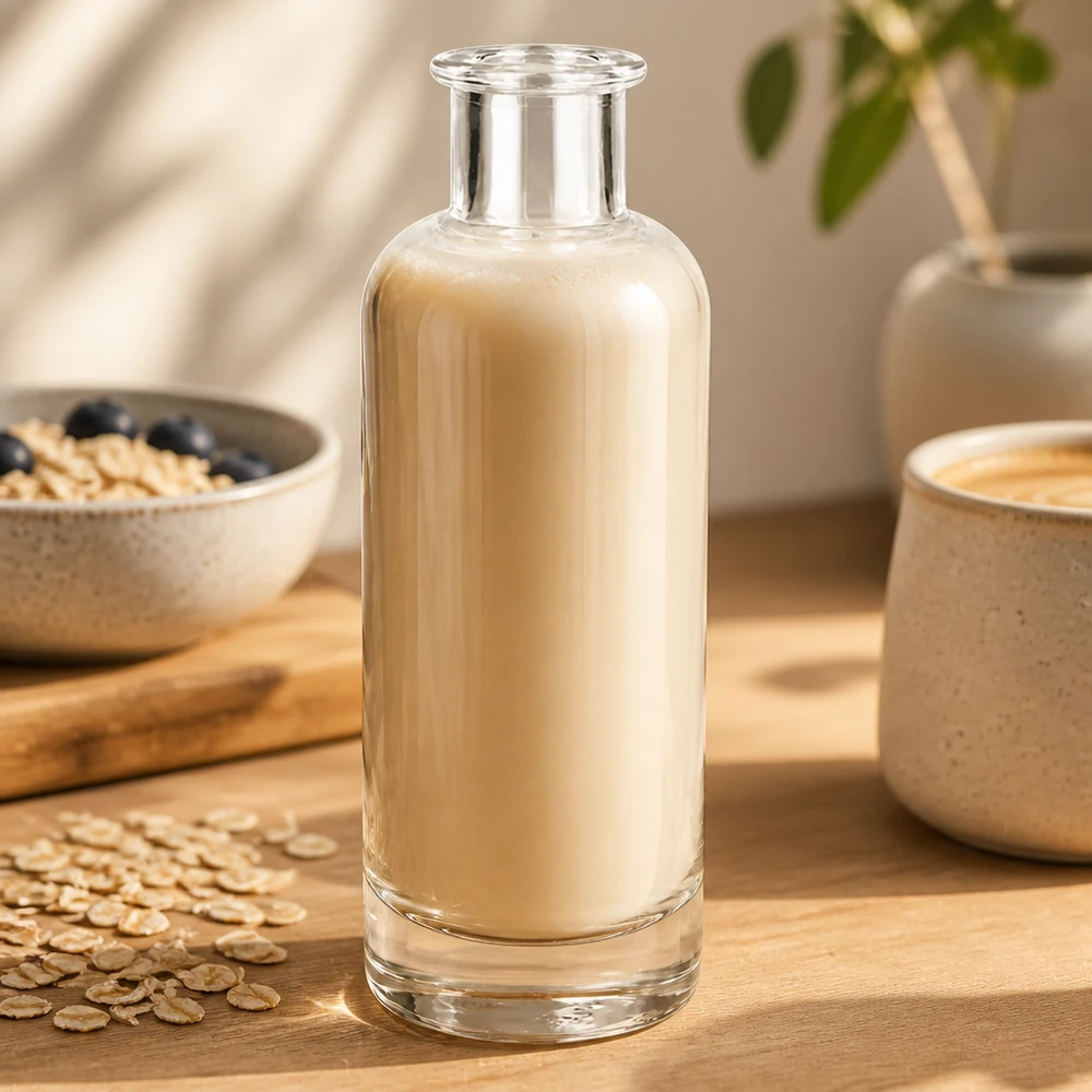 200ml glazen fles van Ella gevuld met havermelk op houten tafel naast havervlokken laat gebruik voor plantaardige melk zien