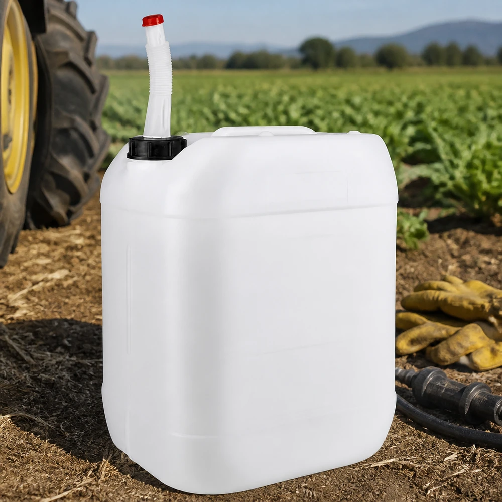 Transportkanister van 20 liter met flexibele uitloopbuis voor veilig omgaan met chemicaliën bij gebruik buitenshuis