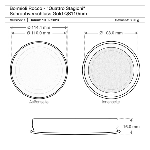 3000 ml rond glas "Quattro Stagioni" met deksel Technische tekening Quattro Stagioni schroefdop met afmetingen 114,4 mm diameter en 16 mm hoogte