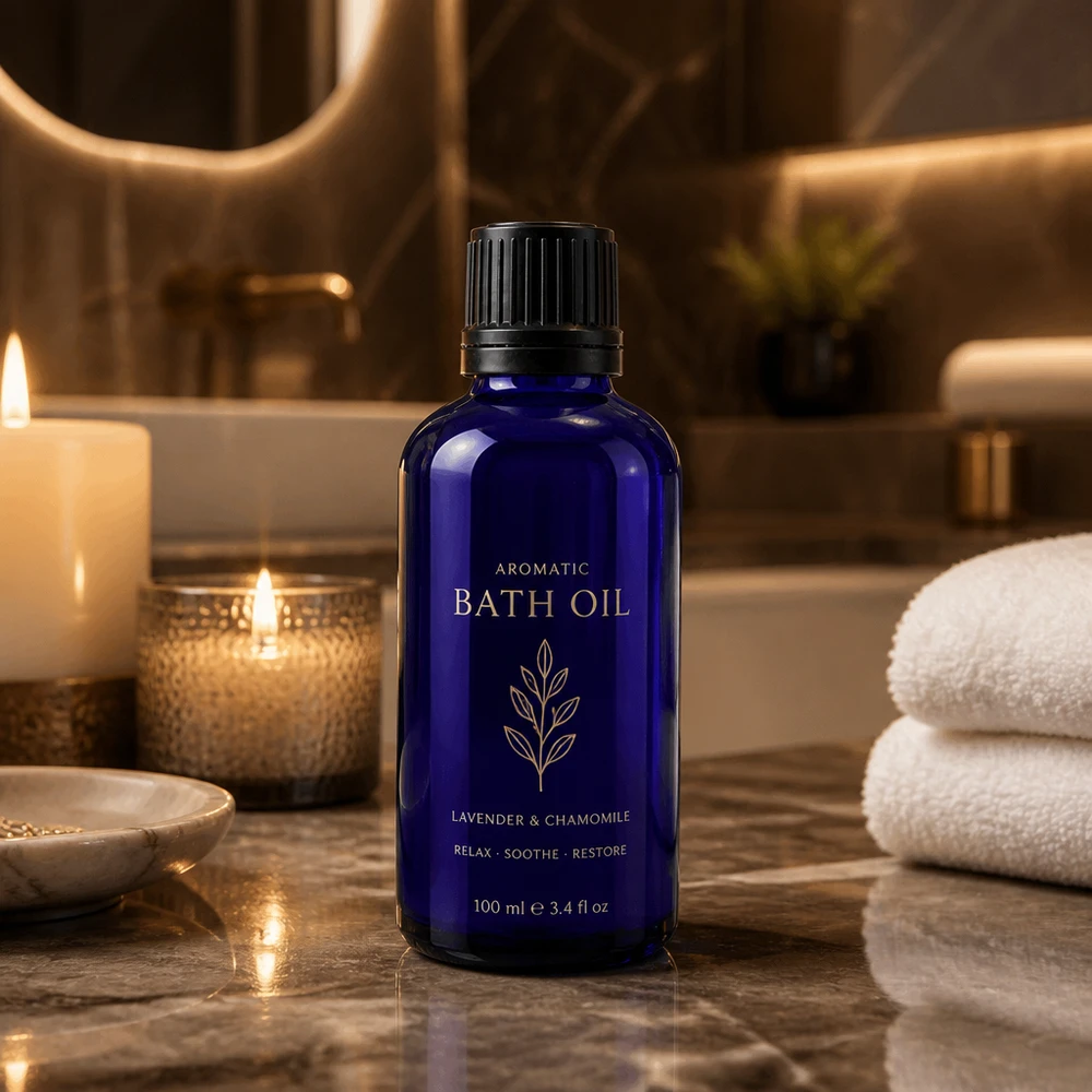 Hoogwaardig kobaltglazen flesje van 50 ml met zwarte druppeldop in een elegante spa-sfeer