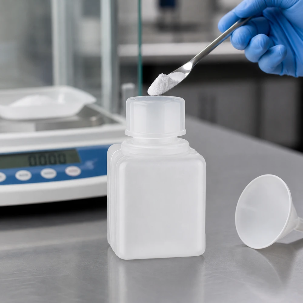 Het vullen van een chemieflesje van 20 ml met vaste stof met behulp van een spatel in het laboratorium
