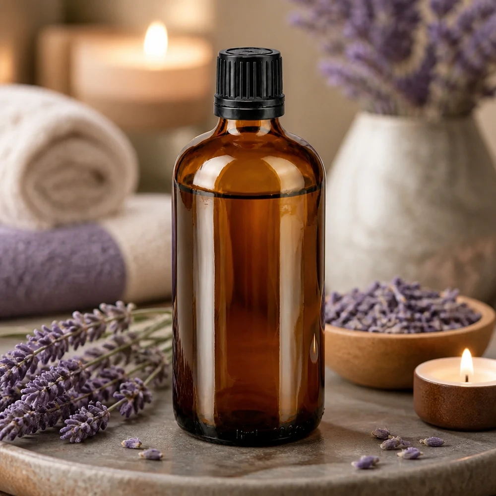 Bruinglazen flesje van 100 ml met OV-sluiting, omringd door lavendel en theelichtjes