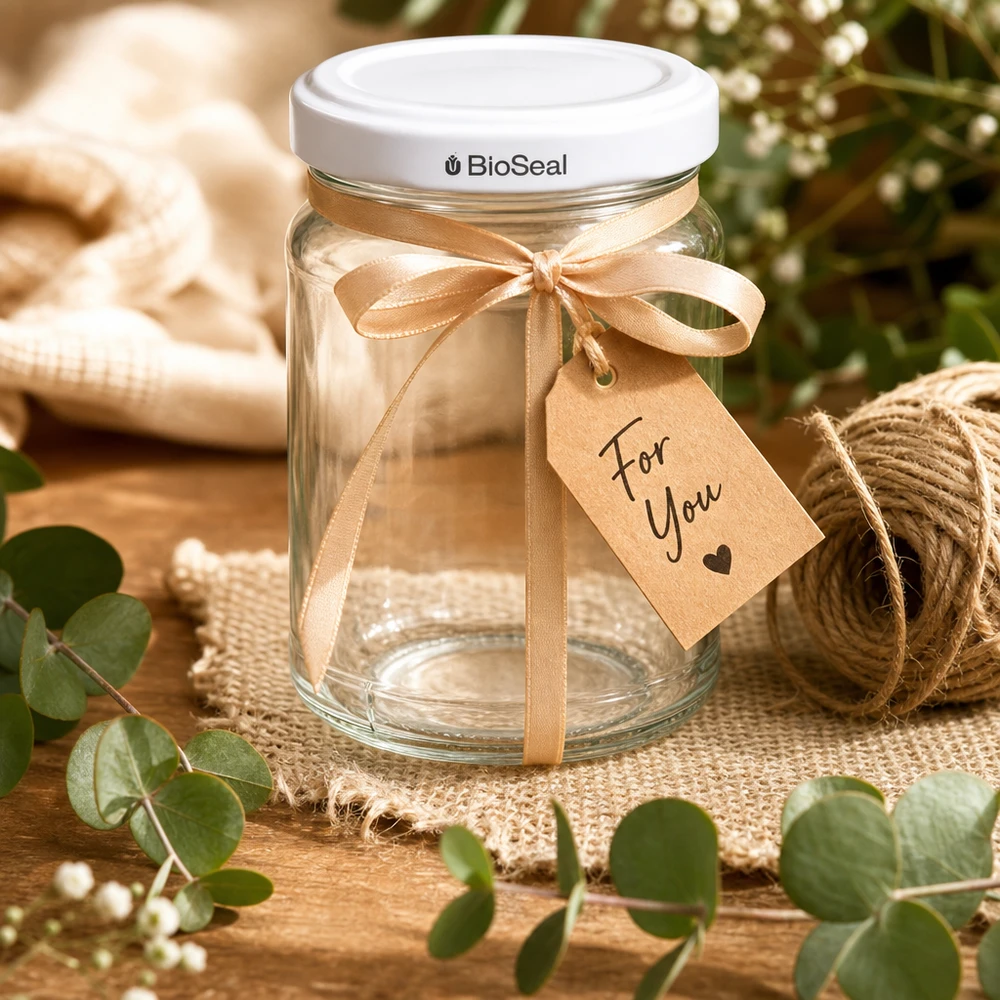 205ml rond glas met BioSeal deksel wit UNiTWIST UNiTWIST Runda205 glazen pot met TO58 BioSeal deksel als een geschenk versierd met een strik en een cadeaulabel