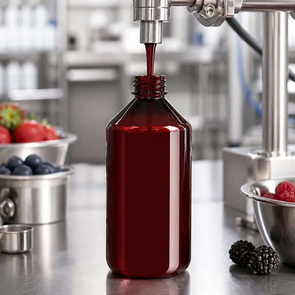 PET fles 750ml met groene verzegelstop Industriële afvulmachine vult een bruine fles van 750 ml met bessenextract