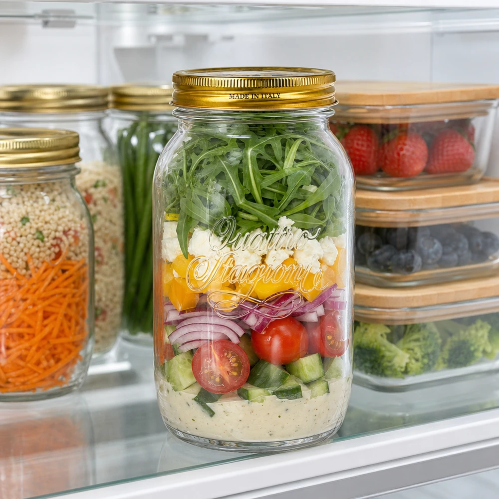 1500ml Quattro Stagioni inmaakpot gevuld met gelaagde salade in de koelkast maaltijd prep salade conserveren