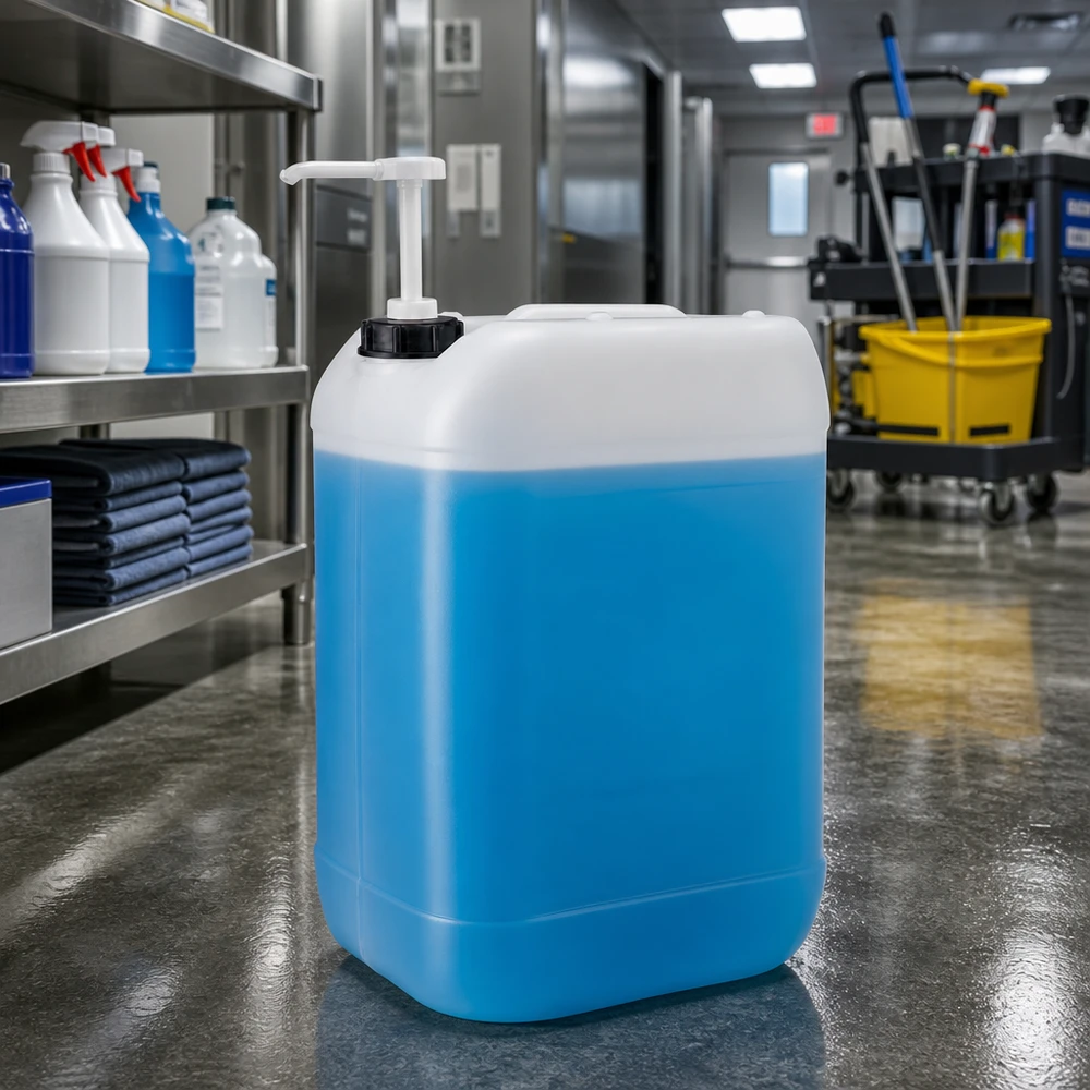 25l Jerrycan, UN-toelating, met doseerpomp Navuljerrycan van 25 liter met doseerpomp naast de schoonmaakwagen en het rekkensysteem