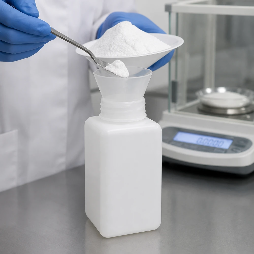 Stevige chemicaliefles van 1500 ml, PE-HD, hoekige vorm, naturelkleurig, voor poeder en vaste stoffen