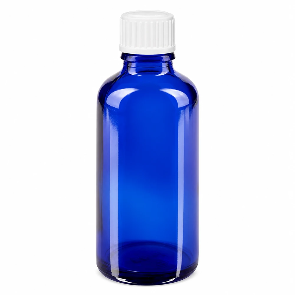Blauwe glazen flessen 50ml met wit schroefsluiting globuli uitgietring St Lichtbestendige glazen fles van 50 ml in blauw met witte GR-dop, ideaal voor tincturen en oliën