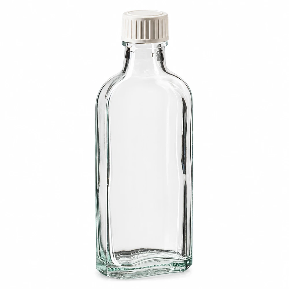 Kleine, platte glazen fles van 100 ml, helder, ideaal voor farmaceutische producten, cosmetica en levensmiddelen