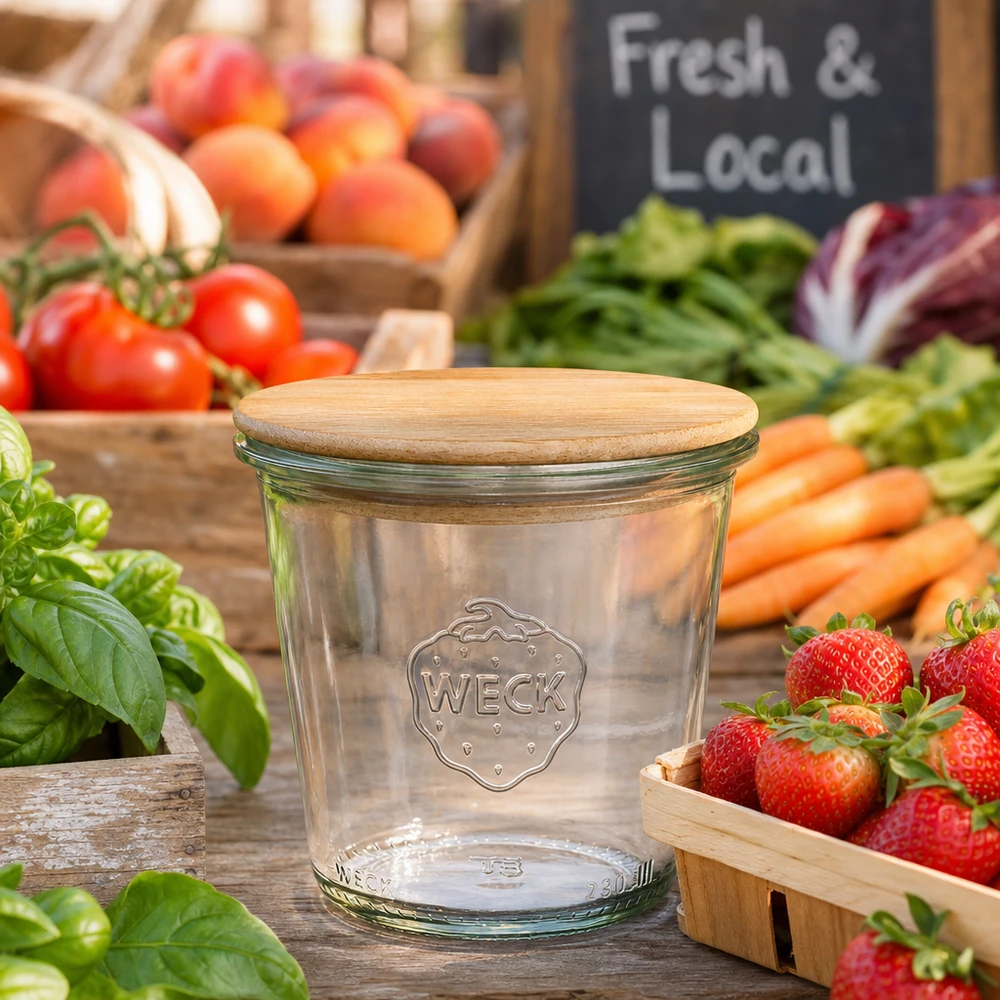 290ml stortglas hoge WECK RR80 met hout deksel WECK voorraadpot 290ml RR80 met houten deksel tussen vers fruit en groenten op marktkraam Vers Lokaal