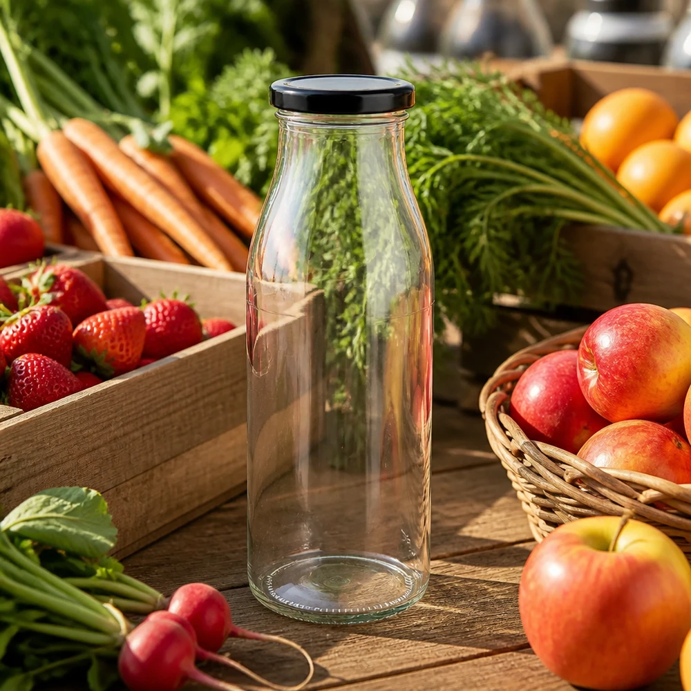 500ml glazen fles met zwart deksel tussen vers fruit en groenten op houten tafel Keukenscène