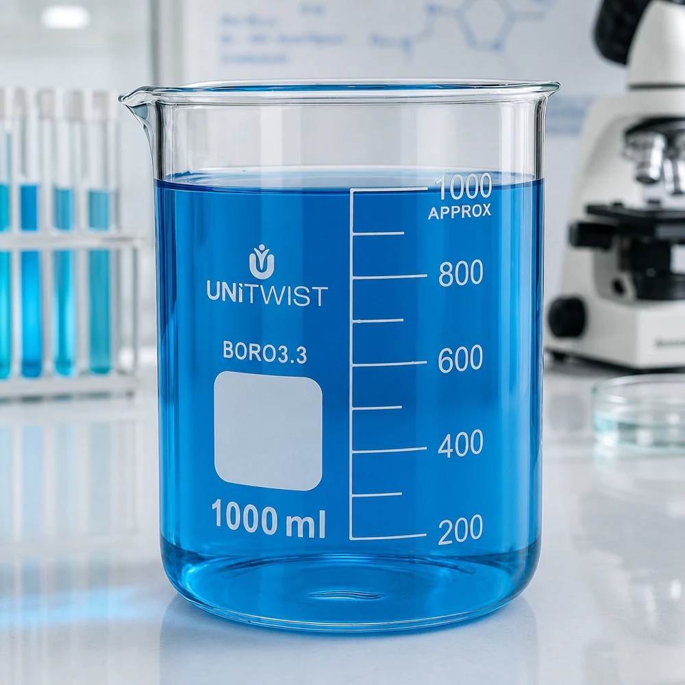 Beker 1000ml borosilicaat, lage vorm UNiTWIST Glazen beker van 1000 ml met laag handvat, blauwe inhoud en maatverdeling