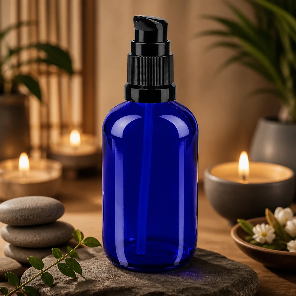 Lichtwerende glazen pompfles van 100 ml in donkerblauw met zwarte doseerdop voor etherische oliën