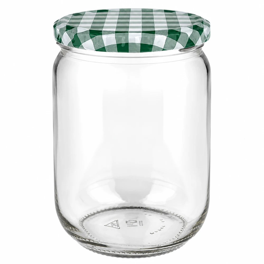 555 ml rond glas + BasicSeal-deksel groen/wit UNiTWIST Doorzichtige inmaakpot van 555 ml, rond, met een decoratief groen-wit geruit draaideksel