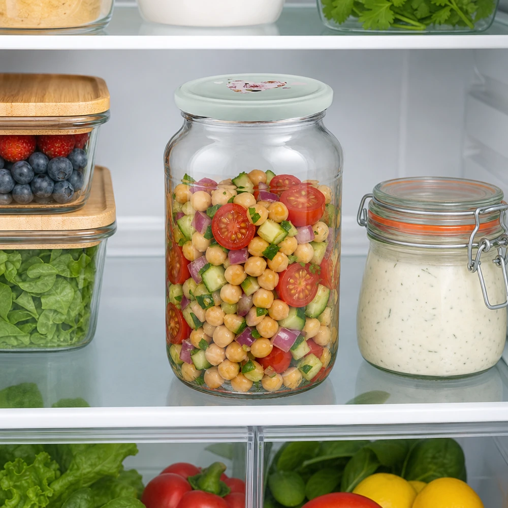 Kikkererwtensalade in 1062ml ronde pot met mintgroen hart deksel in de koelkast toont Meal Prep opslag