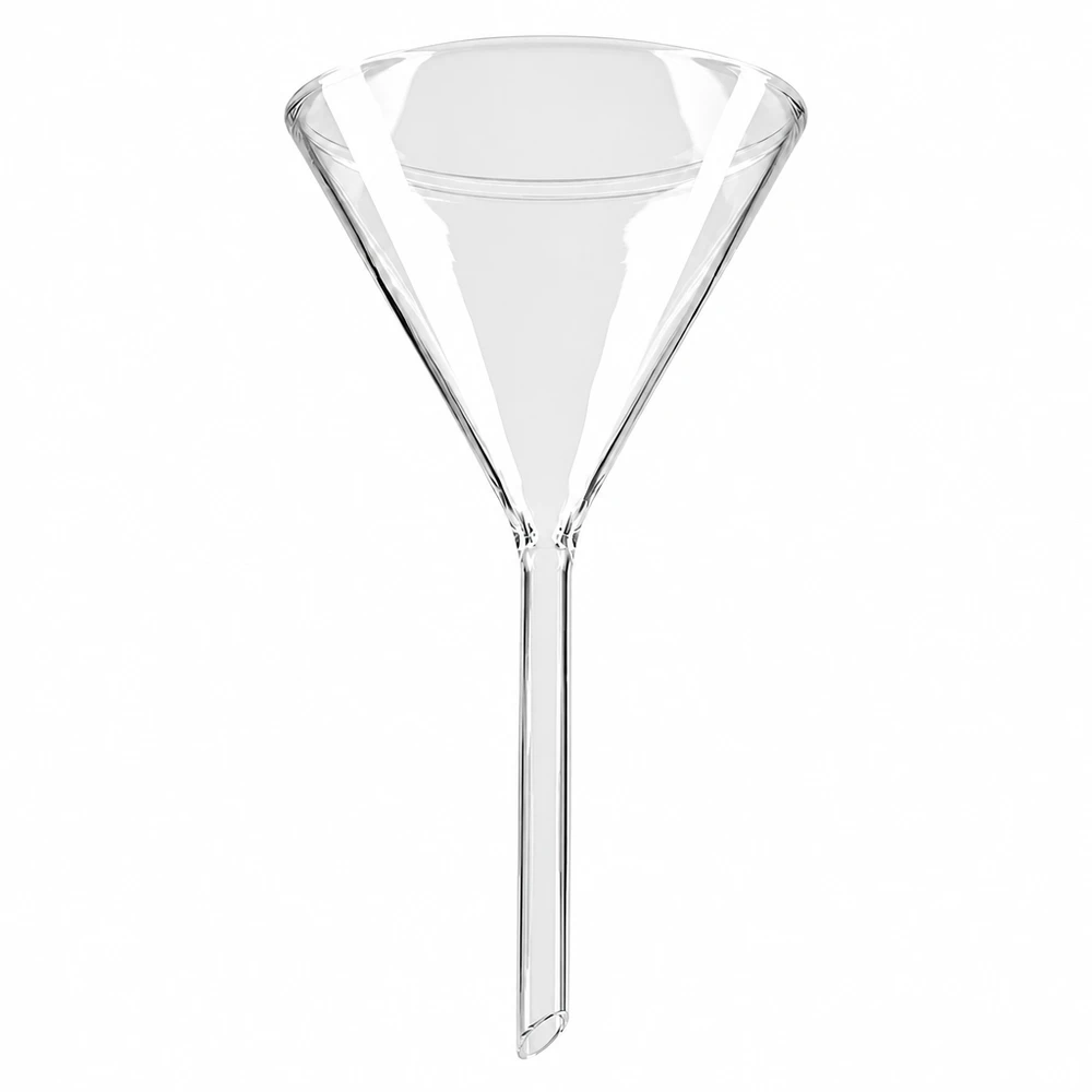 Glazen trechter met een diameter van 100 mm, gemaakt van natriumcalciumglas, met een kort steel, voor laboratoriumgebruik